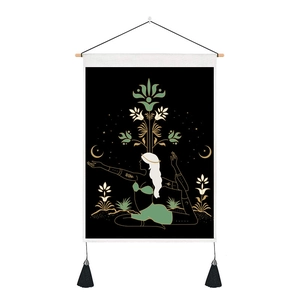 Bohemian moon phase tapestry with yoga girl and floral print on black background fabric