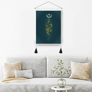 Wall hanging scroll with green snake, moon, and flowers design and black tassels