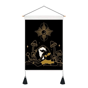 Astrological moon phase tapestry featuring a yoga girl with mushrooms and black tassels