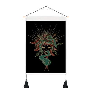 Medusa snake moon wall tapestry with hanging wood bar and black decorative tassels
