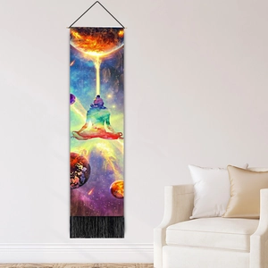 Bohemian butterfly meditation tapestry with black tassels on a white living room wall