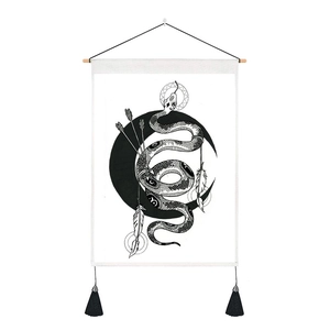 Bohemian floral snake tapestry with moon phases, hanging wooden rod and black tassels