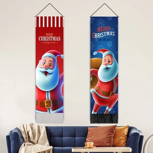 Bannière Suspendue De Noël Père Noël Renne Tapisserie Murale Imprimée Avec Poteau En Bois Et Glands Pour Décoration De Fête