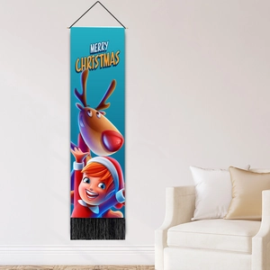 Tenture festive Merry Christmas avec renne et fille de dessin animé sur mur blanc