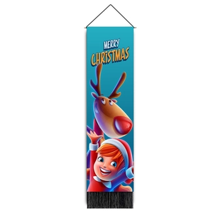 Détail de la tenture murale Merry Christmas avec illustration renne et petite fille