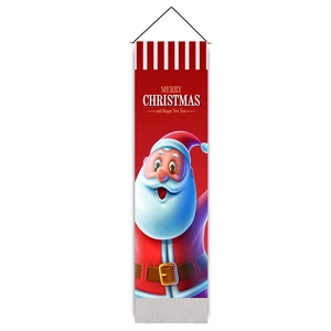 Détail d'une bannière de Noël avec motif Père Noël et tige de suspension en bois