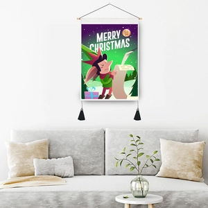 Christmas wall tapestry with Santa's elf illustration and festive tassels for home decor