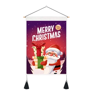 Merry Christmas Santa Claus wall tapestry with wooden pole and decorative black tassels