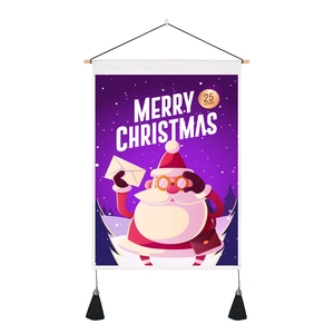 Christmas tapestry wall hanging with cartoon Santa Claus and tassels on white background