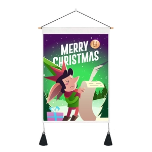 Close-up of Christmas tapestry featuring a cartoon elf with wood rod and black tassels