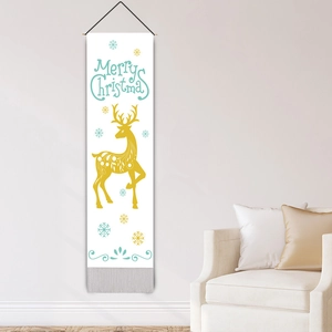 Christmas wall hanging with golden reindeer, blue Merry Christmas text and grey tassels
