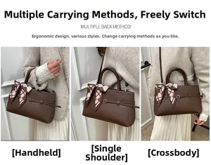 Three-way carry view of brown lychee leather tote with plaid scarf detail