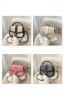 Detail showing high-quality woven fabric textures and leather trims on four stylish handbags