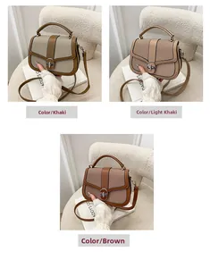 Detailed views of crossbody bags in khaki, light khaki and brown with silver metal locks