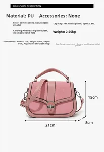 Size guide for a stylish patchwork handbag showing 21x15x8 cm dimensions and PU material