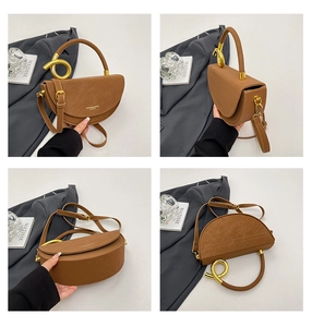 Detailed views of a brown leather saddle bag with a unique gold twist metal handle