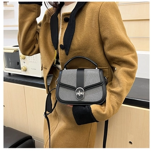 Detail of herringbone woven crossbody bag with leather trim and silver metal twist lock