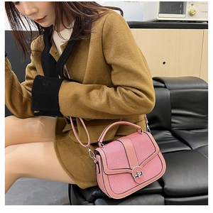 Pink patchwork handbag with woven flap and metal lock displayed on a model