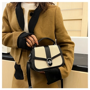 Detail of canvas tote bag featuring contrast leather trim and round metal twist lock
