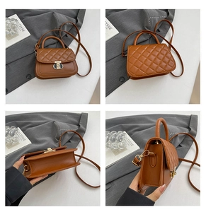 Detailed views of a brown quilted crossbody bag with gold-tone hardware and chain strap