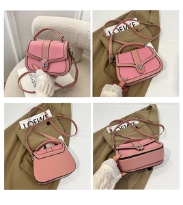 Detail shots of pink tweed handbag with silver twist lock and woven texture