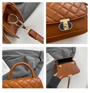 Detail shots of brown quilted leather handbag with gold twist lock and metal strap hooks