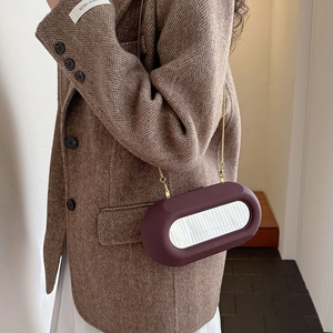 Irregular acrylic capsule crossbody bag in dark purple with mirror and gold chain strap