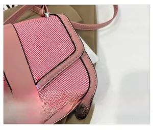 Detail of pink leather handbag with red striped fabric and silver metal clasp lock
