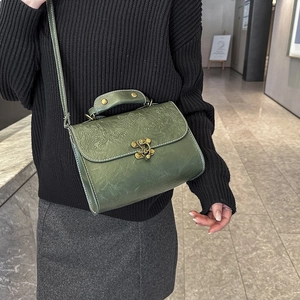 Vintage dark green square crossbody bag with floral embossing and bronze clasp for women