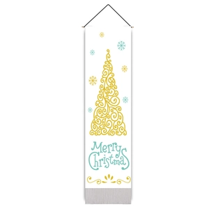 Vertical Christmas hanging banner with gold spiral tree and Merry Christmas text decor