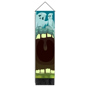 Halloween tapestry hanging scroll with creepy monster mouth design and black tassels