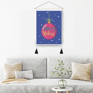 Christmas snowman deer wall tapestry with pink Merry Xmas ornament and wood frame scroll