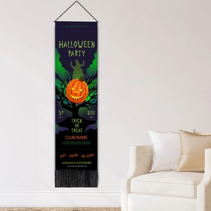 Vertical Halloween hanging flag with orange pumpkin and spooky tree decor in a modern room