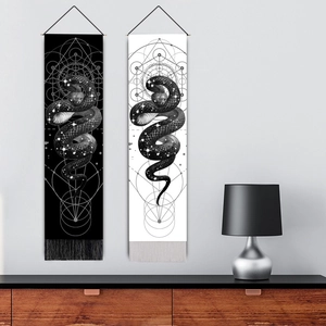 Black snake geometric hanging scroll tapestry with tassel trim for wall decor
