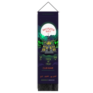 Halloween wall scroll with dark blue haunted house, moon and tassels hanging decoration