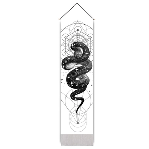 Vertical black snake and sacred geometry wall hanging scroll with modern tassels for decor