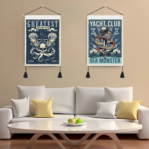 Vintage Nautical Wall Tapestry Polyester Cotton Hanging Painting Wood Pole Tassel Decorative Art For Home Office