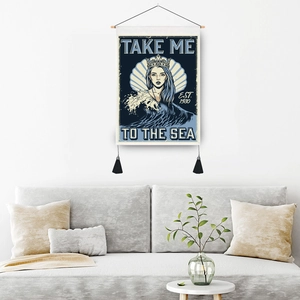 Artistic wall tapestry with ocean lady illustration, wooden rod, and black tassels decor