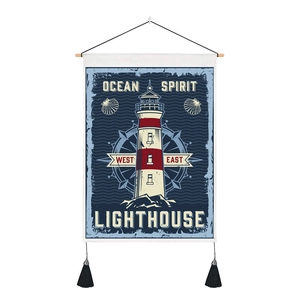 Vintage nautical tapestry featuring a red lighthouse and ocean spirit theme decor