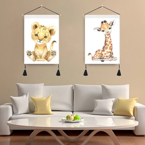 Animal Cartoon Wall Hanging Tapestry Polyester Fabric Painting With Wooden Pole Tassels Nordic Style Nursery Home Decor