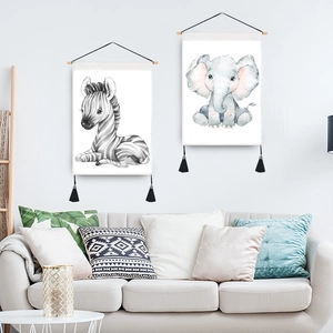 Minimalist canvas wall art set featuring a cute watercolor zebra and elephant with tassels