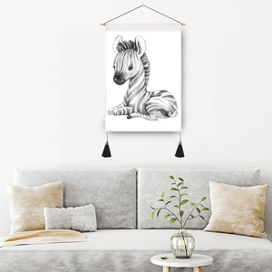 Nordic canvas wall art featuring a baby zebra illustration with wooden hanger and tassels