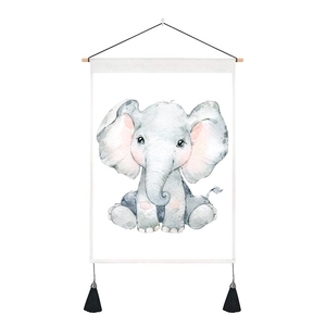 Minimalist watercolor elephant canvas wall art with wooden hanger and black tassels