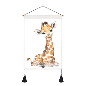 Minimalist canvas wall art featuring a watercolor giraffe with elegant black tassels