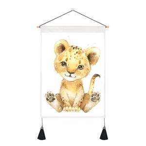 Detail of baby leopard watercolor wall scroll with wooden rod and black tassels