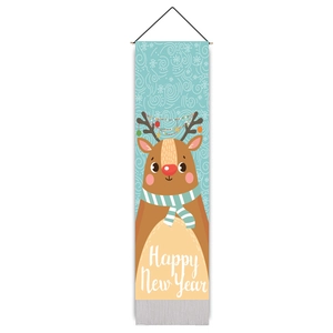 Détail d'une tenture de Noël avec un renne de dessin animé et texte Happy New Year