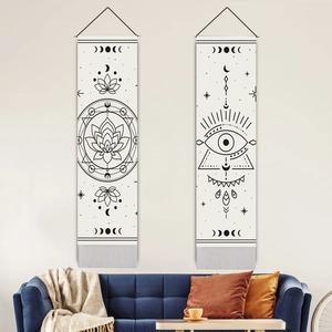 Bohemian Wandteppich Baumwolle Leinen Geometrische Lotus Mondphase Hängendes Gemälde Vertikal Mit Quasten Und Holzstange