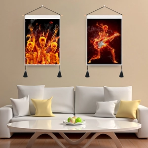 Tenture Murale Tapisserie Crâne Flamme Gothique Punk Art Tissu Avec Tige En Bois Et Glands Décor De Chambre Salon