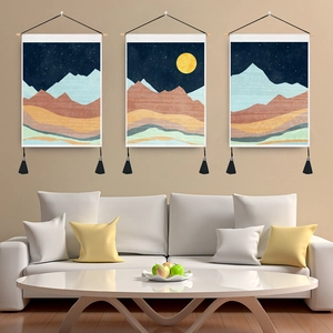 Tapisserie Murale Paysage De Montagne Ciel Étoilé Style Nordique Décoration Murale Avec Bâton En Bois Glands Polyester Coton