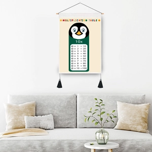 Kids multiplication table wall hanging with wood rod and decorative black tassels